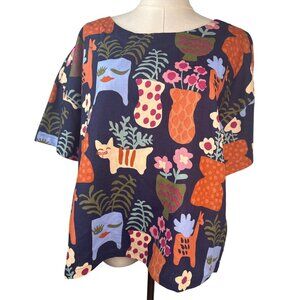 Princess Highway Navy Cat & Vase Print Boxy Top